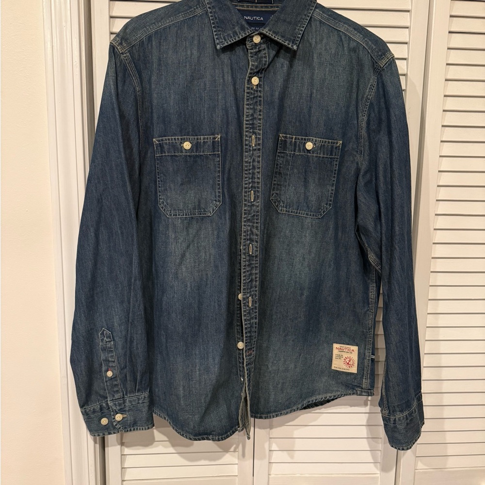 Nautica Blue Denim Shirt with Logo Patch